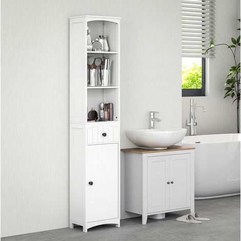Armario de baño 34x24x170.5 cm blanco de madera MDF con cajón, armario cerrado y 3 estantes (1/5)