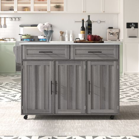 Desserte 129x46(71)x91,5(95) cm avec plan de travail extensible,plateau effet marbre blanc et meuble effet bois gris kaki,design avec porte de rangement,roulettes,pieds en bois massif interchangeables
