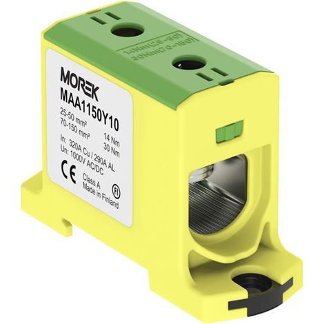 Bloc de jonction alu cuivre vert/jaune (terre) 25 à 150mm² 1000V AC/DC - Rail DIN - MOREK (1/2)