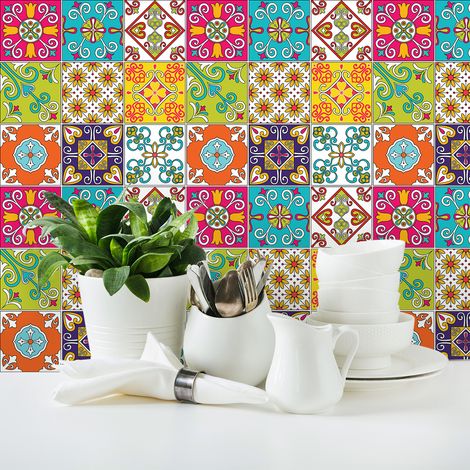 Sticker Mural Carrelage adhésif Cuisine Salle de Bain - 9 STICKERS CARREAUX DE CIMENT AZULEJOS ERMINO - 9stickers10x10cm (1/5)