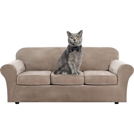 Housse de canapé en velours doux et extensible avec housses de coussin séparées pour canapé 1, 2, 3 places avec sangle antidérapante pour le salon, la chambre à coucher (Camel, 3 places) (1/5)
