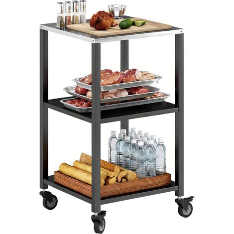 Dreistöckiger Grillwagen mit Edelstahl-Arbeitsplatte und -Rädern, mobiler Servierwagen 50x50x90 cm, schwarz