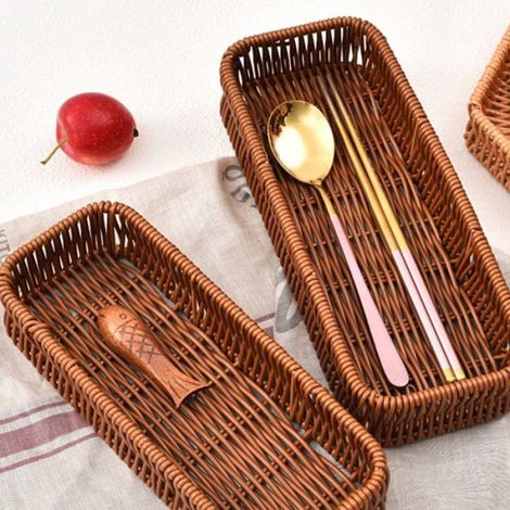 Panier de Rangement en Plastique 28x11x5 cm, Organisateur de Tiroir de Cuisine, Bac à Couverts, Marron (1/4)