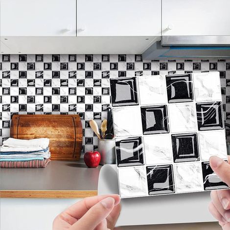 JSSEVN - 50 Pieces Self-Adhesive Wall Stickers for Ceramic and Marble Tiles, 3D Mosaic Waterproof Self-Adhesive Decoration (Black White, 20x20cm) (1/5)