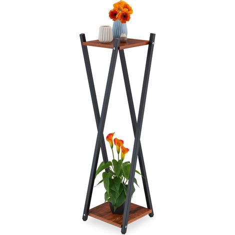 Relaxdays Soporte Macetas, 2 Baldas Efecto Madera, Metal, MDF, Taburete Plantas Moderno, 99 x 29 x 29 cm, Marrón Oscuro