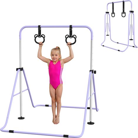 Barre de gymnastique pour enfants avec anneaux de gymnastique, barre horizontale pliable à hauteur réglable, violet (1/5)