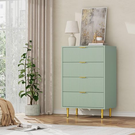 Commode 4 tiroirs vert olive en bois façade cannelée 60P x 39,5l x 93,6H cm, poignées et pieds métal chambre salon
