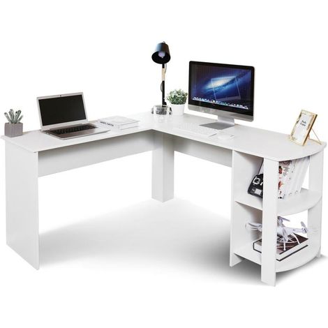 Mondeer – Bureau d'angle en L 140 x 130 x 72 cm – MDF blanc – Grand espace de travail pour plusieurs moniteurs – Armoire latérale intégrée