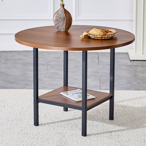 Table ronde moderne diamètre 100cm cadre noyer métal,étagère de rangement pour 4 à 6 personnes,cuisine et salon.