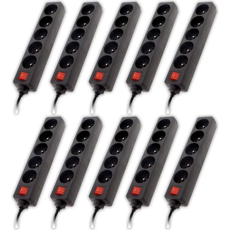 Zenitech – Lot de 10 multiprises 5 prises 16A 2P+T – Interrupteur lumineux – Sécurité enfant – Couleur noir – Pour usage domestique
