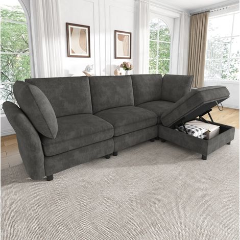 Divano modulare angolare con pouf contenitore, ciniglia grigia, 4 posti, OKWISH (1/5)