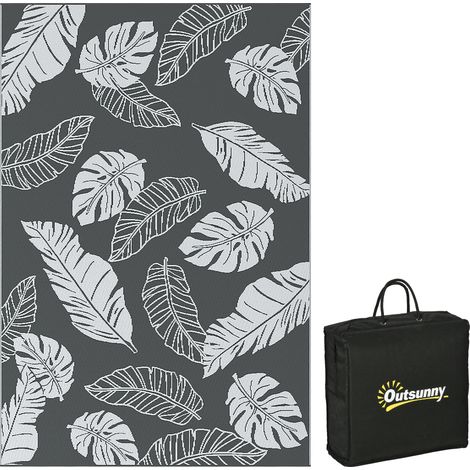 Tapis d'extérieur réversible, motif feuilles, couleur grise/couleur blanche, imperméable, 182 x 274 cm (1/5)