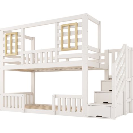 Etagenbett Haus 90x200 cm weiß mit Treppe und Stauraum, 2 Schlafplätze (1/5)
