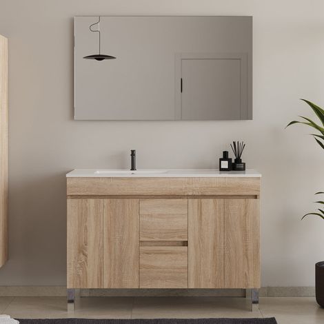 Meuble de salle de bain 120cm sur pieds avec vasque déporté - portes et tiroirs - cambrian (chêne clair) - HARO (1/5)