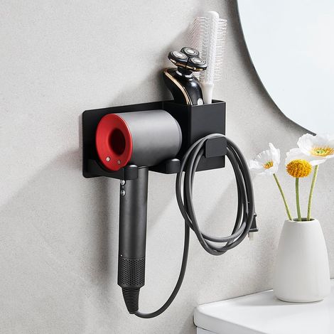 Soporte para secador de pelo, sin necesidad de taladrar, con sistema de gestión de cables, soporte autoadhesivo de aluminio para guardar secadores y planchas de pelo, negro