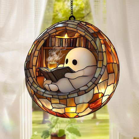 Halloween-Sonnenfänger aus Buntglas mit einem niedlichen Geisterkürbis, gruselige saisonale Dekoration für Zuhause oder festliches Geschenk (1/5)