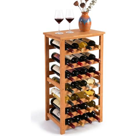 Relaxdays Weinregal, 28 Flaschen, Walnussholz, HBT 94 x 47 x 26 cm, Weinhalter für Rot- & Weißwein, Flaschenregal, natur