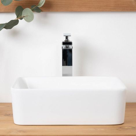 Wanda Collection – Vasque à poser céramique rectangulaire 40cm x 30cm – Résistante et élégante – Pour salle de bain moderne – Perçage aux normes européennes (1/5)