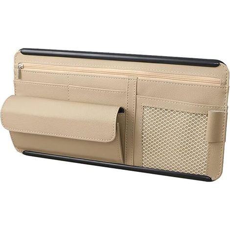 PU-Leder-Auto-Sonnenblenden-Organizer für Karten, Brillen, mehrere Taschen (beige)