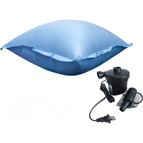 Coussin gonflable carré de 120 x 120 cm pour piscine, avec cordes et pompe électrique, protection contre le gel et isolation pour la fermeture des piscines hors sol en hiver. (1/3)