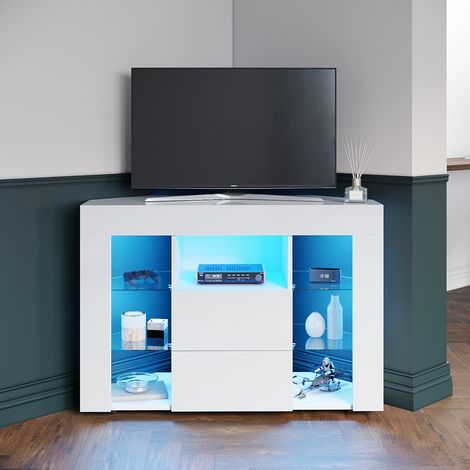 ELEGANT Corner TV Unit Stand High Gloss Cabinet with LED Lights Drawers Storage White