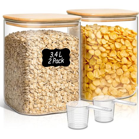 Lot de 2 Bocaux Verre ComSaf, Couvercle, Carre, Farine, 3,4L, Grand, Ouverture Large, Cuisine (1/5)