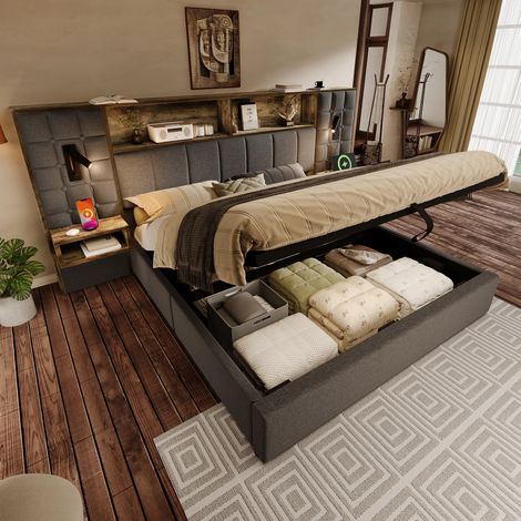 Lit rembourré 160x200 avec espace de rangement, système de lit gris, éclairage LED et 2 lampes de lecture, 2 tables de chevet intégrées, port de chargement USB Type-C, revêtement en lin, sommier à lat (1/4)