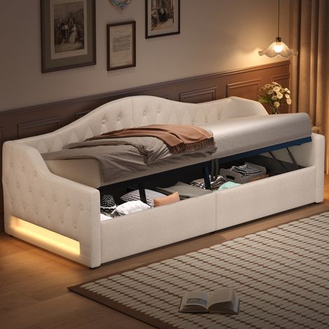 Lit coffre 90x200 cm avec rangement sous le lit et LED, en lin beige, sans matelas (1/5)