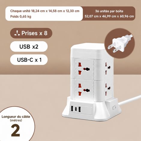 Multiprise tour verticale B22 2 étages 8 prises USB câble 2 m blanc b22 2 24 8 14,5 × 12,5 × 18,5 cm 650 g – Livraison gratuite