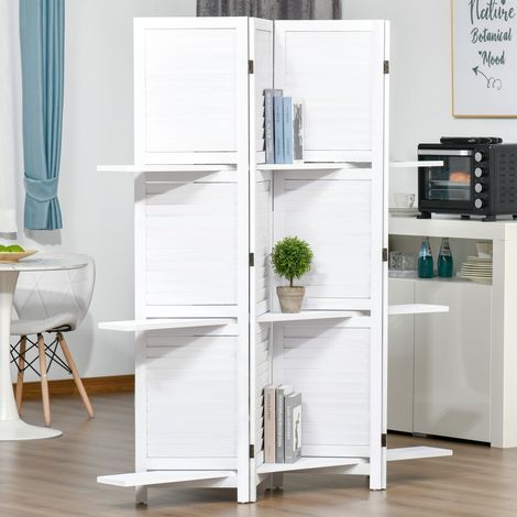 Paravent intérieur en bois 4 panneaux 160 x 170 cm, séparateur de pièce pliable avec 3 étagères, cloison de séparation pour salon, chambre à coucher, maison, blanc (1/5)