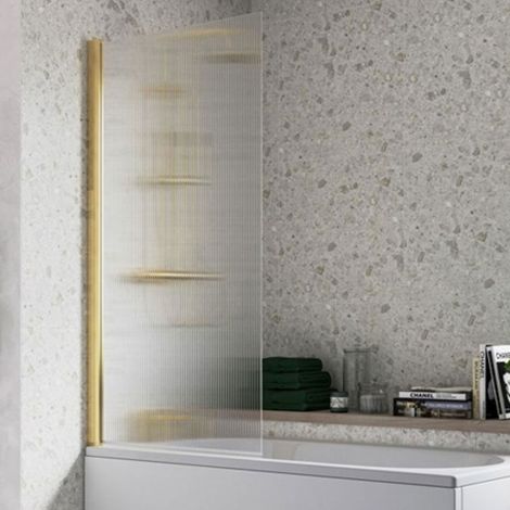 Signature Fluted Single Brushed Brass Square Hinged Bath Screen 1500mm High x 800mm Wide - 5mm Glass