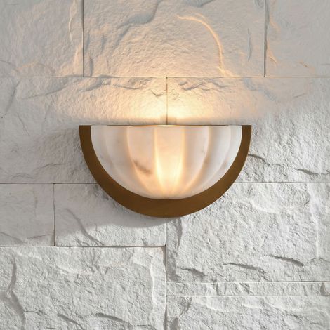 Parrot Uncle 30cm Brushed Brass Wall Light, Semi-Circular Ribbed Faux Alabaster Sconce, E14 Indoor Lamp for Bedroom, Hallway & Living Room (Bulb Excluded)