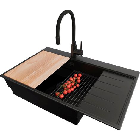 PRIMAGRAN Evier Cuisine en Granit 78x50cm,Lavabo 1 bac + Robinet 40x38cm + Kit de Vidage + Accessoires, Évier à Encastrer au meuble 60cm - Sydney, Tout Noir (1/5)