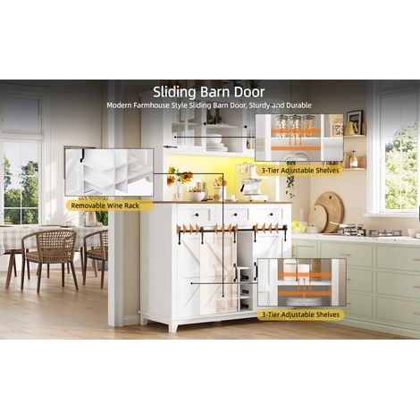 Buffet de cuisine blanc en MDF et métal avec portes vitrées, étagères réglables et éclairage LED pour cuisine (1/5)