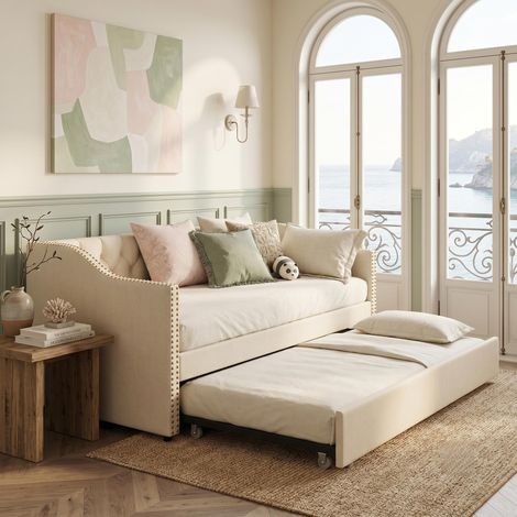 Canapé convertible 90/180x200 cm Velours Beige - Lit Banquette Gigogne Extensible avec Sommier à Lattes - Design Scandinave (1/5)