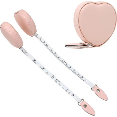 Lot de 2 mètres rubans de 150 cm, en cuir rose en forme de cœur, rétractables et double face, pour la couture, la tailleur et les mesures corporelles médicales.
