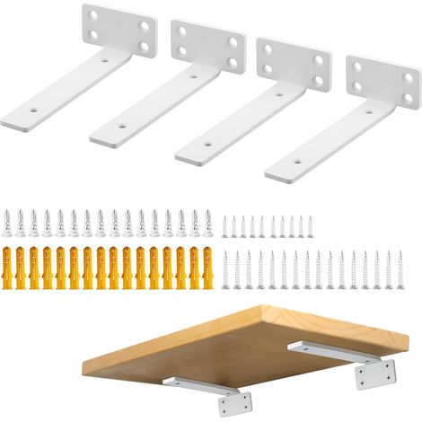 4 Pièces - Support étagère - Équerre murale - Fixation discrète pour planche flottante - Acier robuste peint blanc - Intérieur salon cuisine - Blanc - 15x6,5x4 cm