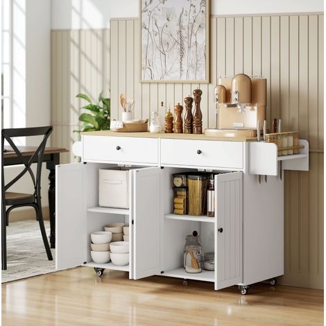 Îlot de cuisine roulant 2 tiroirs 2 placards blanc en bois avec range-épices porte-serviettes et porte-couteaux (1/4)