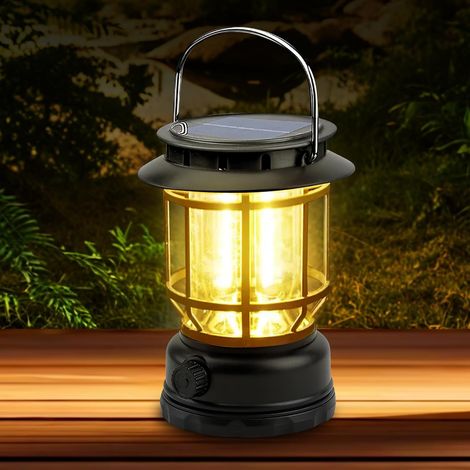 Super lumineux portable rechargeable Solaire LED Camping Light, 1200mah rétro Camping Light, COB luminosité réglable, 3 modes d'éclairage, suspension étanche extérieure (1/4)