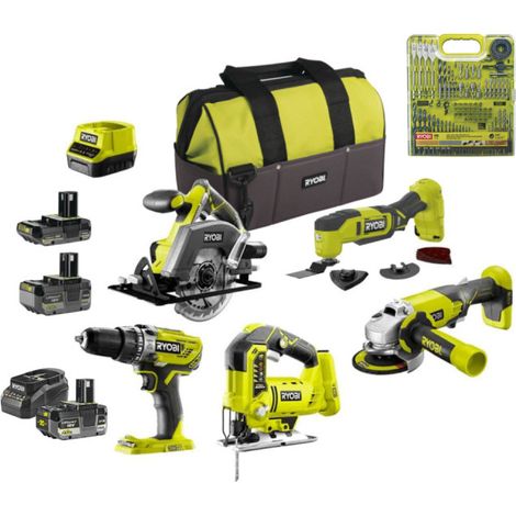 Pack RYOBI complet 5 outils - 2 batteries 4.0Ah et 1 batterie 2.0Ah - 2 chargeurs - Coffret 90 accessoires (1/5)