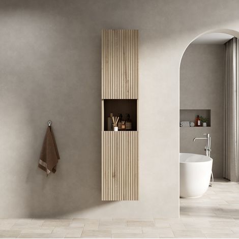 Meuble mural salle de bain 160x35x35 cm contreplaqué chêne blanc, rangement gain de place – MEUBLIV (1/5)