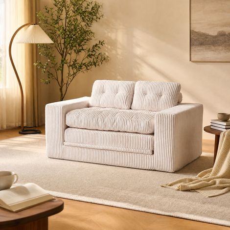 Divano letto 2 posti in tessuto cordon, memory foam, beige, senza montaggio, DESVIAE (1/5)