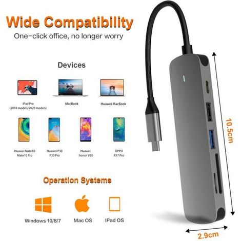 HUB USB C, adaptateur USB C 6 en 1 avec connexion USB 3.0, compatible avec ordinateur portable MacBook Pro/Air (1/5)