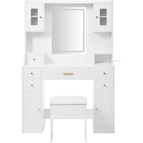 Tocador blanco con espejo LED regulable, enchufes, 6 cajones y 4 puertas 105x152x40 cm (1/5)