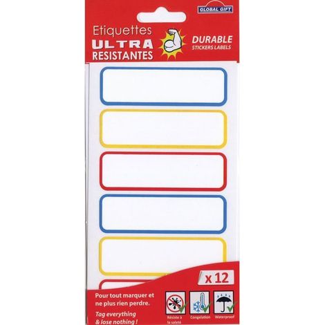 12 étiquettes plastifiées - Couleurs primaires - Ultra-résistantes