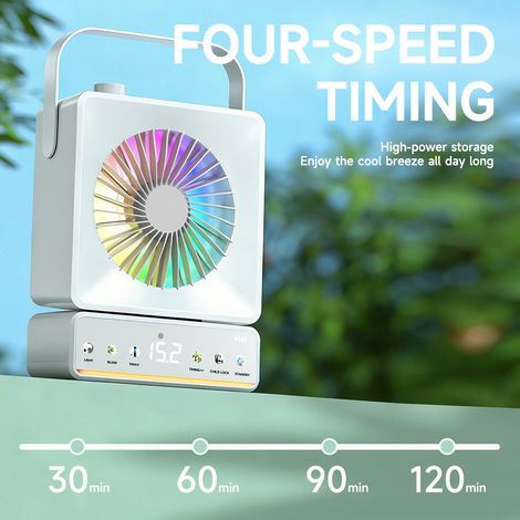 Tragbarer Tischventilator mit integrierter Vernebelung und Befeuchtung – Leise, USB-aufladbar, 90° Oszillation, programmierbarer Timer und einstellbares Ambiente-Licht – Ideal für Büro, Schlafzimmer o