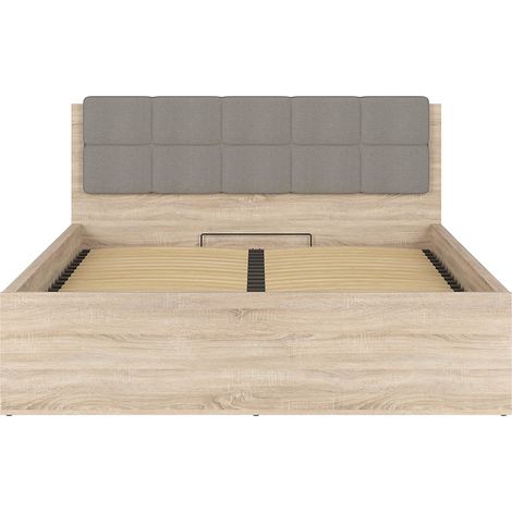 Lit adule 160x200 avec tête de lit capitonnée beige,sommier et rangement, coloris chêne Sonoma - Longueur 204,5 x Profondeur 169 x Hauteur 95/40,5 cm (1/5)