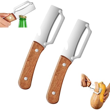 2PCS Éplucheur Légumes Multifonction, Couteau Éplucheur en Acier Inox  avec Manche en Bois, 2 en 1 Econome Legumes & Ouvre-Bouteille, pour Épluchage sans effort des pommes, terre, carottes (1/5)