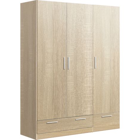 Armoire / placard de rangement de 3 portes + 2 tiroirs coloris Chêne Cambrian - longueur 152 x profondeur 51 x hauteur 200 cm -PEGANE-