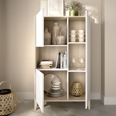 Glauber Sideboard, 4 Regalböden, 6 Fächer, 3 Türen, 43x81x138h cm Weiß (1/5)